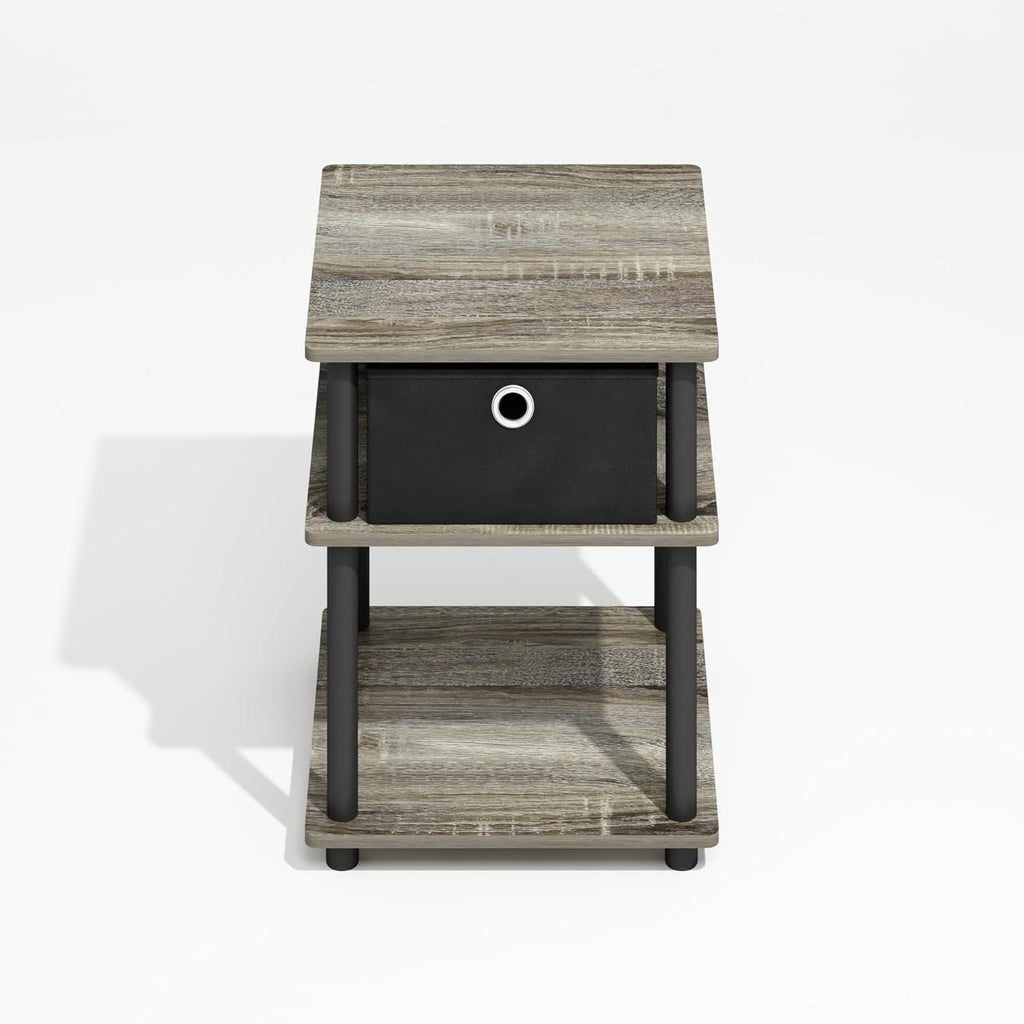 Furinno Turn-N-Tube Side Table, 3-Tier Square Modern End Table with Storage Bin, Open Shelf Night Stand, Bedside Table, Easy Assembly, Grey Oak