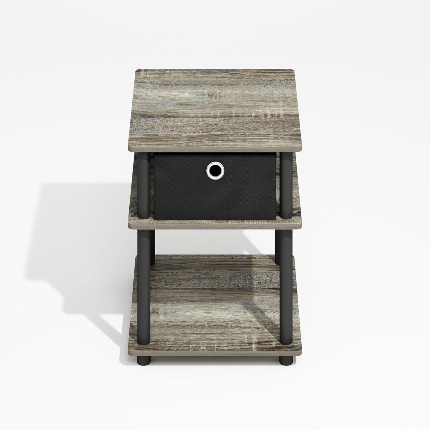 Furinno Turn-N-Tube Side Table, 3-Tier Square Modern End Table with Storage Bin, Open Shelf Night Stand, Bedside Table, Easy Assembly, Grey Oak