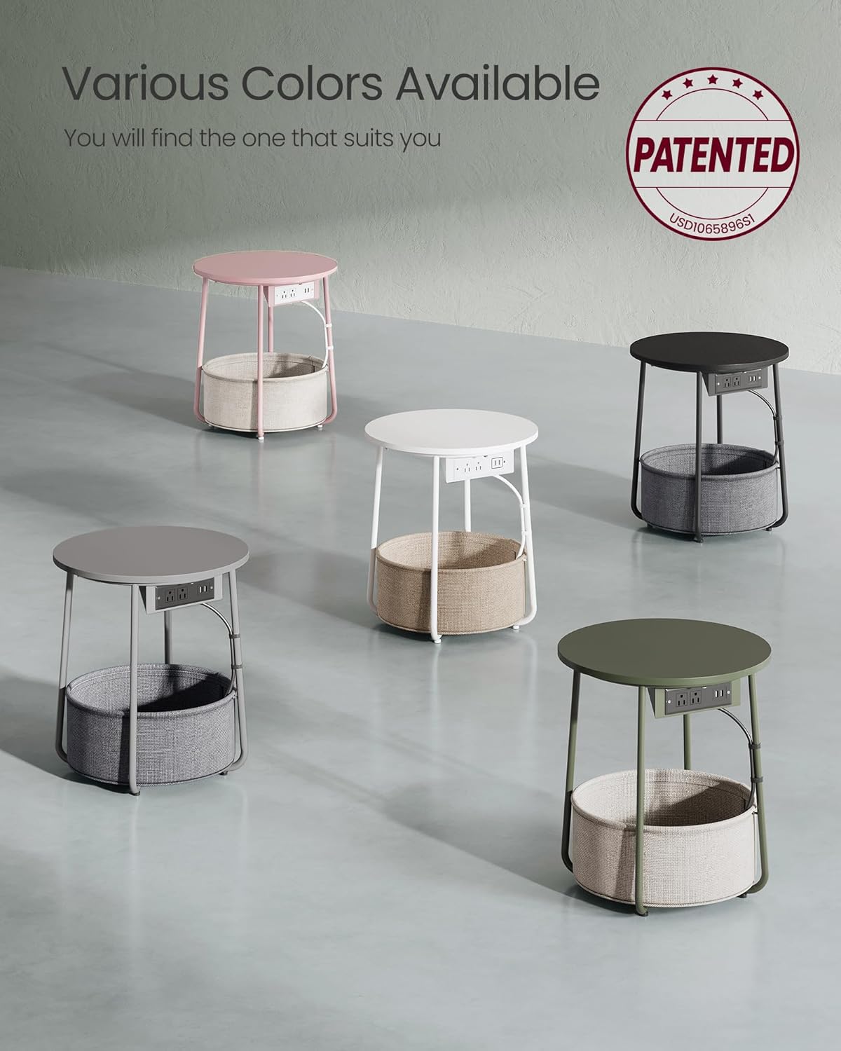 VASAGLE LILEA Collection - Side Table with Charging Station, Round End Table with Fabric Basket, Nightstand with USB Ports, for Living Room, Bedroom, Modern, Forest Green and Cream White ULET228C04