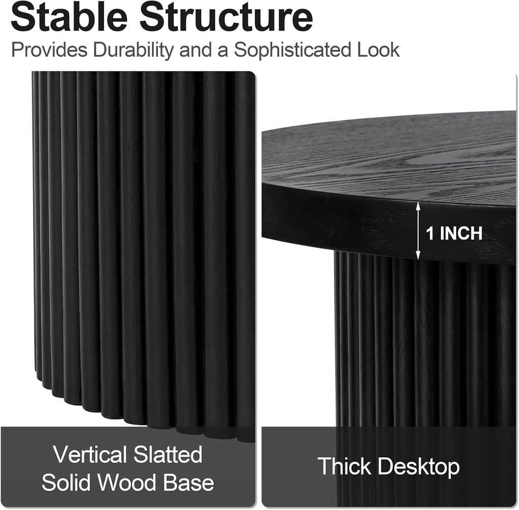 Modern Side Table, 16.93" Fluted Round Pedestal Table for Living Room, Bedroom, Entryway, Sofa, Chair – Black Accent Table with Solid Wood Strips End Table