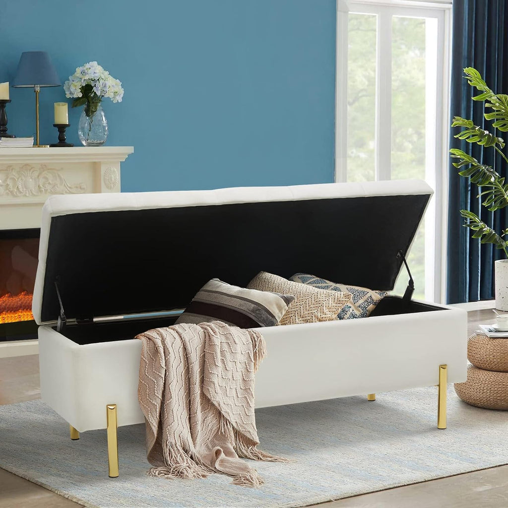 45.6 Inch Velvet Storage Bench Upholstered Tufted Settee Ottoman Bench with Storage, Bed End Bench with Soft Close Lid, for Bedroom, Living Room, Entryway, Rectangular Accent Bench, Beige