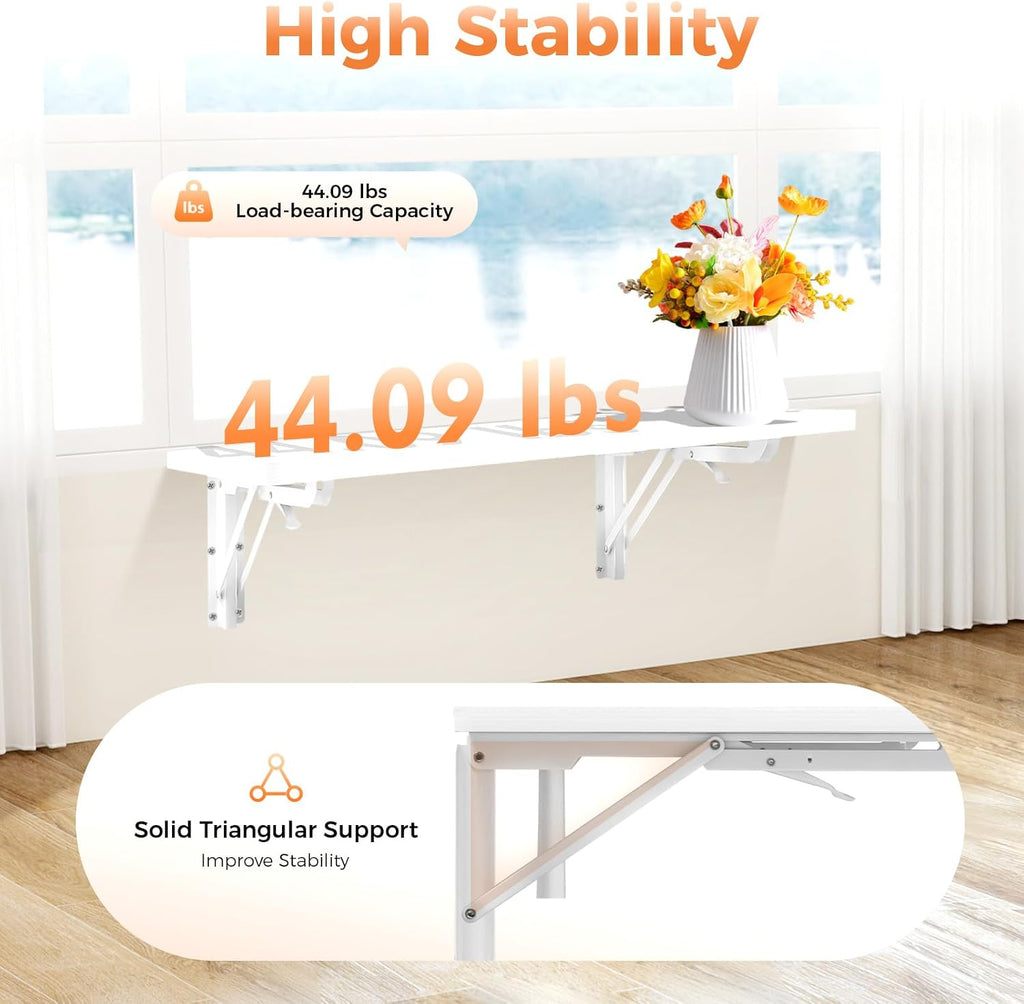 Wall Mounted Folding Desk, 24x16 Inch Floating Desk with Shelf Brackets, Space Saving Fold Down for Small Spaces, Home Office, Kitchen, Laundry Room, White