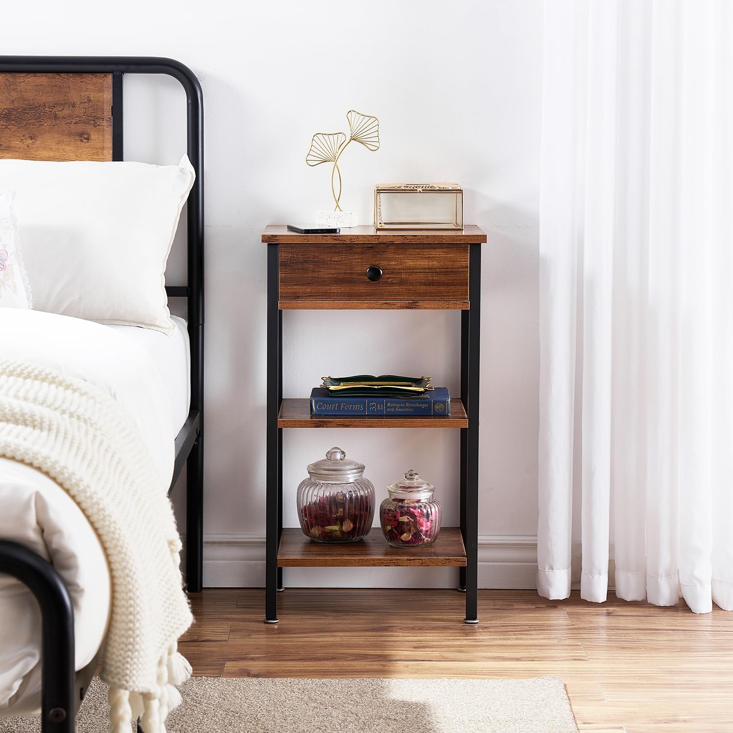 VECELO Tall End Table Set of 2,Nightstand with Drawer and Adjustable Storage Shelf,27.6 inch Side Table for Living Room/Bedroom/Entryway Small Spaces