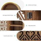 70" Tall Arched Storage Cabinet with 2 Hollow Carved Doors, Boho Kitchen Pantry with 5-Tier Storage Space, Modern Farmhouse Cupboard Bookcase for Living Room, Kitchen, Study, Walnut, 1 PCS