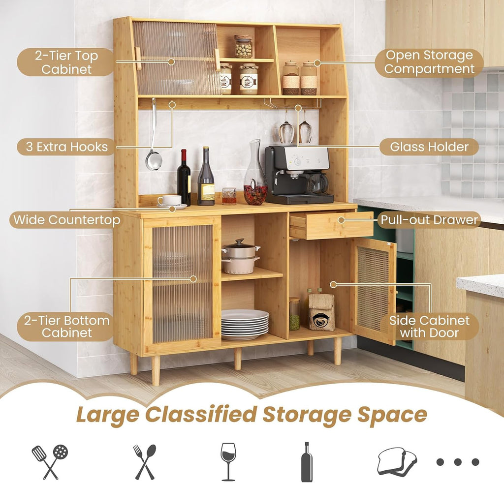 67" Tall Kitchen Pantry Storage Cabinet, Bamboo Hutch Cabinet with Microwave Shelf, Drawer, Tempered Glass/Rattan Doors, Wine Glass Holder, Freestanding Buffet Cupboard for Dining Room