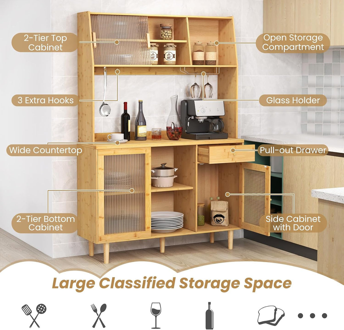 67" Tall Kitchen Pantry Storage Cabinet, Bamboo Hutch Cabinet with Microwave Shelf, Drawer, Tempered Glass/Rattan Doors, Wine Glass Holder, Freestanding Buffet Cupboard for Dining Room