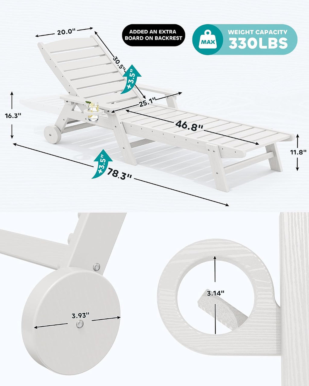SERWALL Patio Chaise Lounge Chair Set of 2, 78'' Long 5-Positions Adjustable HDPE Outdoor Lounger for Pool, Poly Lounge Chair with Rolling Wheels & Cup Holder for Poolside, Deck, White