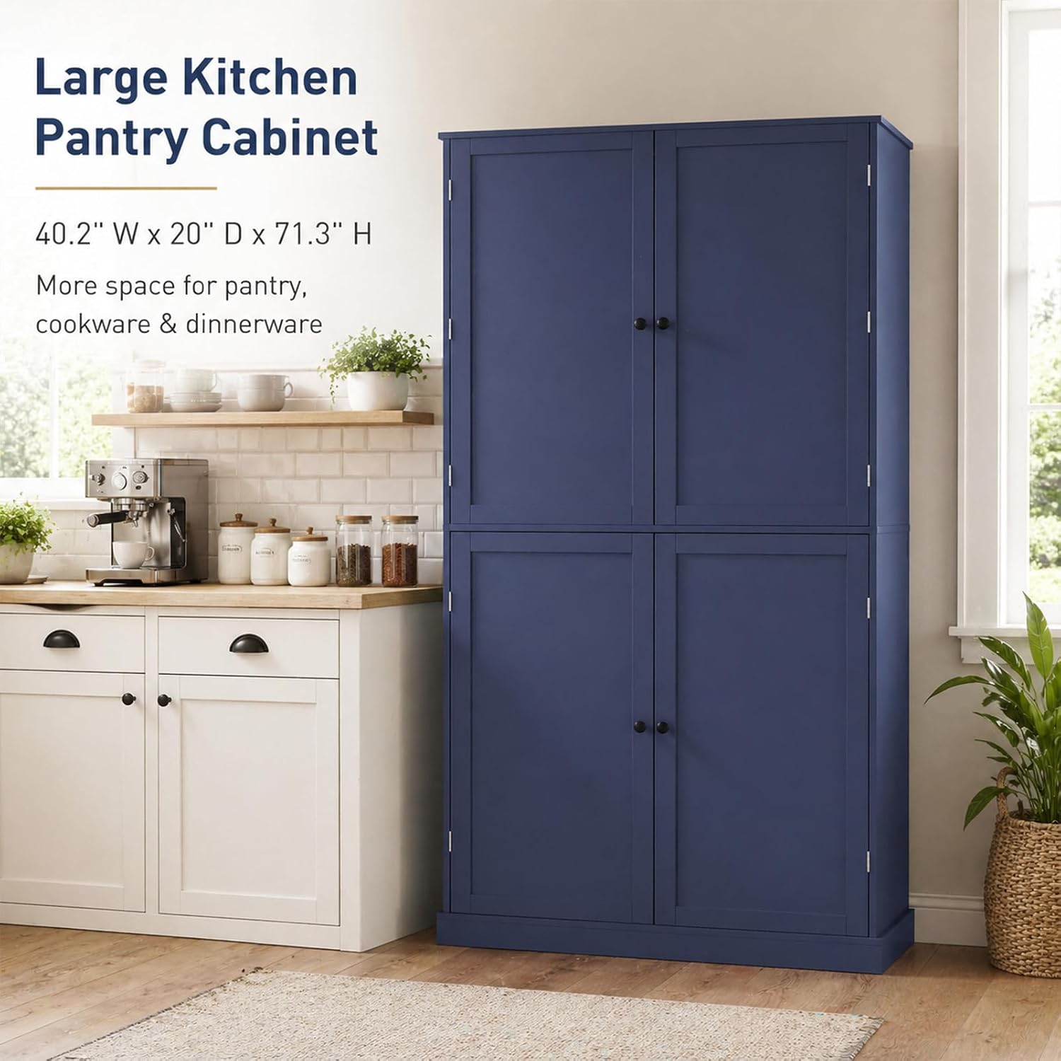 Kitchen Pantry Cabinet, 40.2" W x 20" D x 71.3" H Large Freestanding Pantry Storage Cabinet with 4 Doors, 2 Drawers, 8 Door Shelves, 2 Adjustable Shelves, Farmhouse Kitchen Cupboard (Blue)