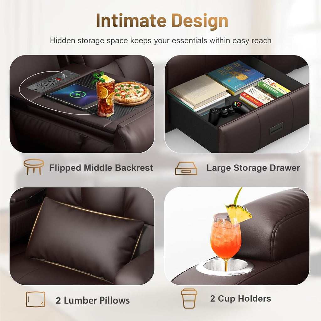 Power Loveseat Recliner Sofa with Massage & Heating, Zero Wall Hugger RV Reclining Couch with Bluetooth Speakers, LED Lights, Pillow, Drawer, USB Charging & Power Outlet for Home Theater & Gaming Room