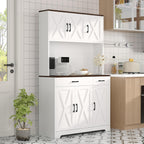 GarveeHome Farmhouse Kitchen Pantry Cabinet, 71" Tall Storage Cabinet with Charging Station, White Kitchen Hutch with Microwave Stand & Storage Drawers for Living Room, Dining Room