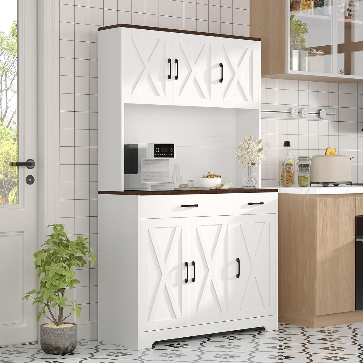 GarveeHome Farmhouse Kitchen Pantry Cabinet, 71" Tall Storage Cabinet with Charging Station, White Kitchen Hutch with Microwave Stand & Storage Drawers for Living Room, Dining Room
