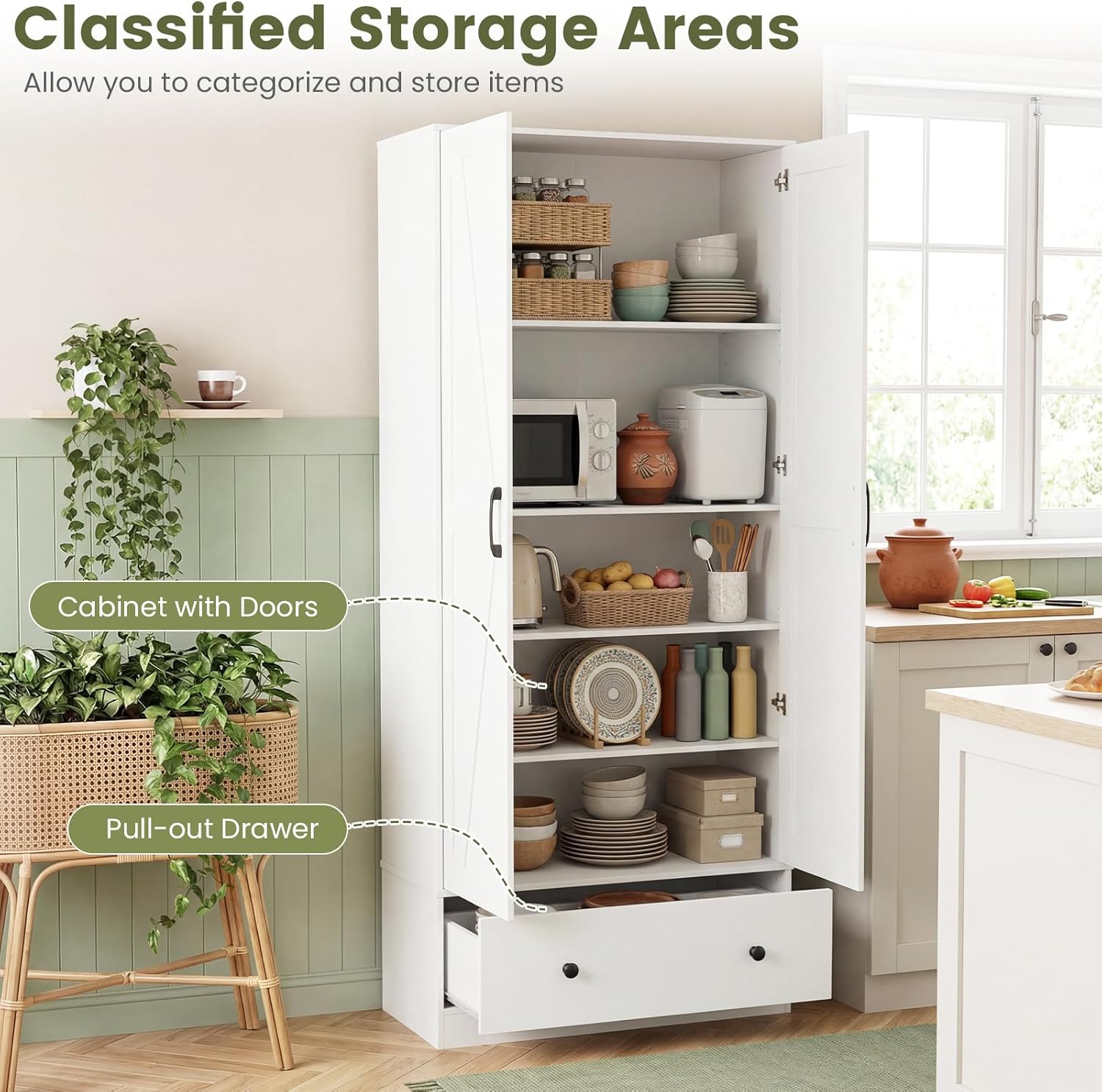 Giantex 72" Tall Kitchen Pantry Cabinet, Farmhouse Wooden Cupboard w/ 2 Doors, Drawer & Adjustable Shelves, Freestanding Versatile Storage Cabinet for Dining Room Living Room Bathroom (White)