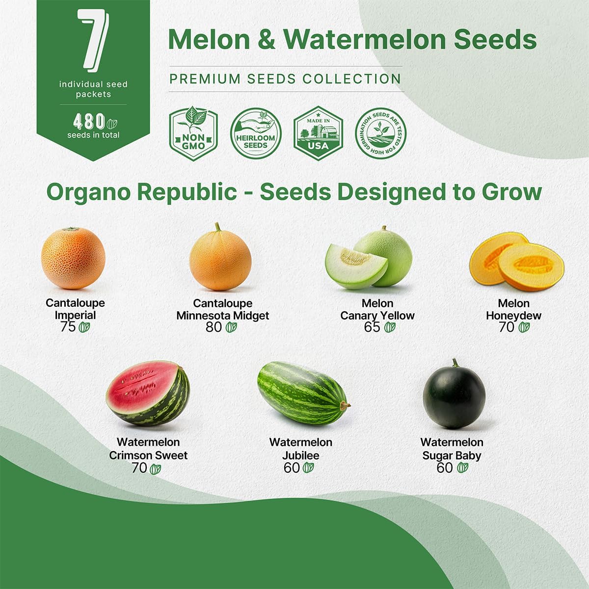 Organo Republic 7 Melon & Watermelon Seeds Variety Pack 480+ Non-GMO Heirloom Fruit Seeds for Planting Fruits in Individual Seed Packets, Home Garden Seeds for Hydroponic, Indoor & Outdoors Gardening