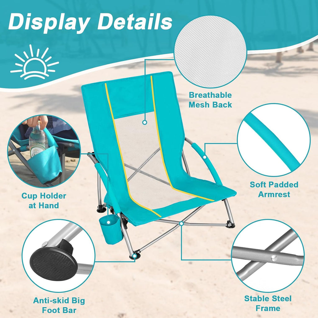Romswi 2 Pack Lightweight Low Beach Chairs with Breathable Mesh Back,6LBS Folding Portable Sand Chairs with Cup Holder, Heavy Duty 300lbs Capacity for Camping & Outdoor Use,Green