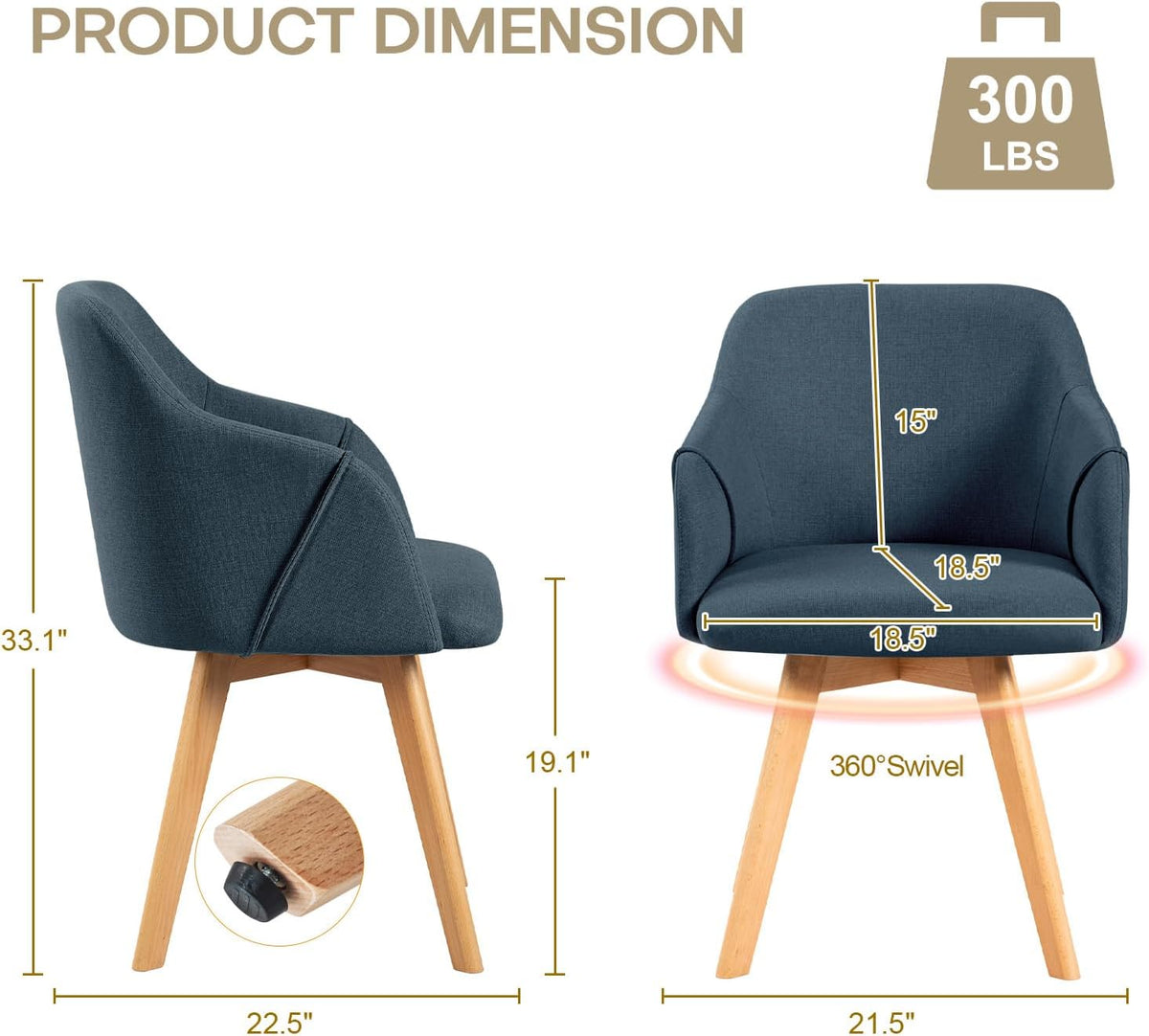 Swivel Dining Chairs Set of 2, Mid Century Modern Dining Chairs with Arms and Wood Legs, Linen Fabric Upholstered Kitchen Chairs for Dining Room Living Room, Comfortable Widen Seat, Blue