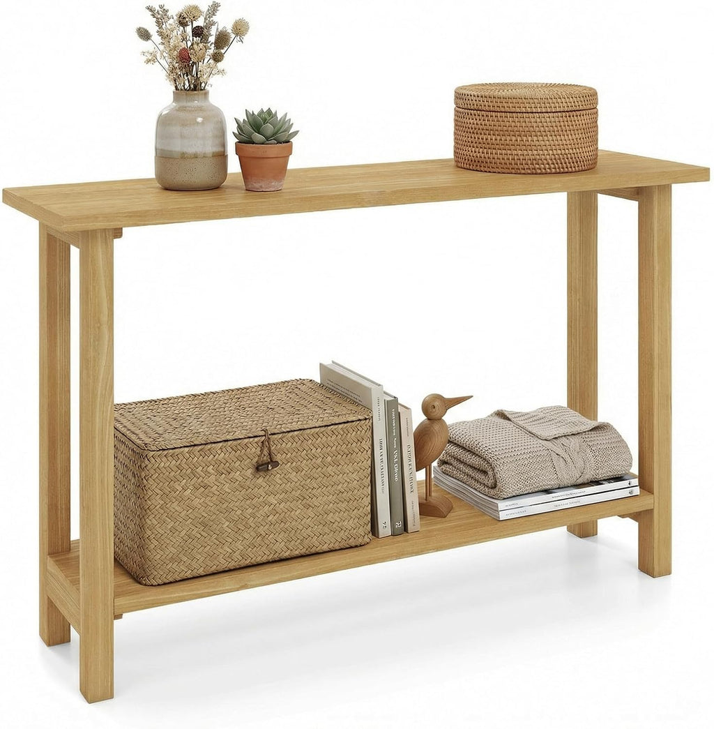 GIANTEX 47" Solid Wood Console Table, 2-Tier Narrow Entryway Table | Rustic Foyer Table w/ Teak Wood Frame and Storage Shelf, Farmhouse Sofa Table Behind Couch for Living Room (47" x 12" x 32")
