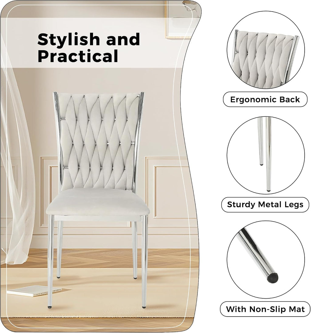 Velvet Dining Chairs Set of 6, Modern Woven Kitchen Chairs with Silver Metal Legs, Upholstered Cushion with High Back, Dirt Resistance, Easy to Install, for Living Room, Dining Room - Light Grey