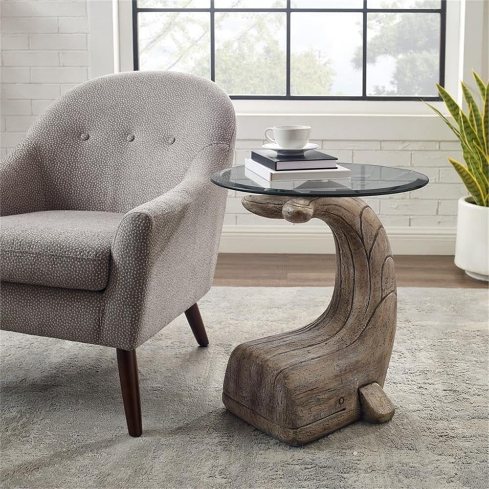 MAKLAINE Whale Sculptured Accent Table, 23 in Tall, Resin Base with Driftwood Finish, 20 in Beveled Glass Top, Rustic Side Table for Living Room or Bedroom Decor