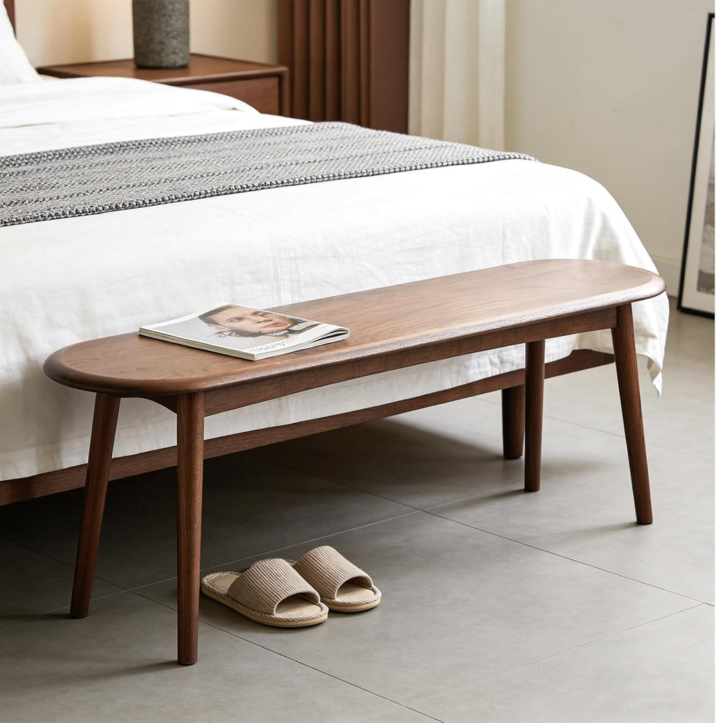 47" Solid Wood Skinny Bench | Walnut Finish Narrow Dining Bench | Mid-Century Modern Entryway Bench for Bed End, Living Room | Rounded Corners | Solid Oak Indoor Furniture