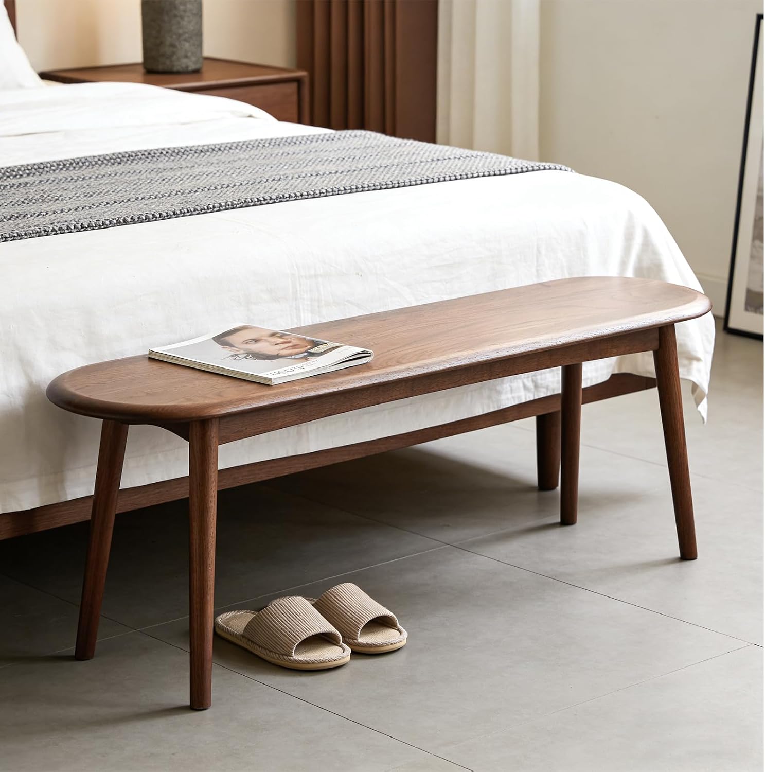 47" Solid Wood Skinny Bench | Walnut Finish Narrow Dining Bench | Mid-Century Modern Entryway Bench for Bed End, Living Room | Rounded Corners | Solid Oak Indoor Furniture