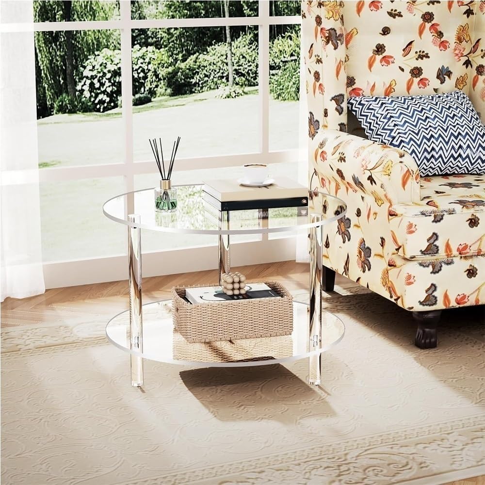 Acrylic Coffee Table, 2 Tier Round Coffee Table, Modern Clear Coffee Table, Clear End Table, Small Round Side Table for Couch, Living Room, Bedroom