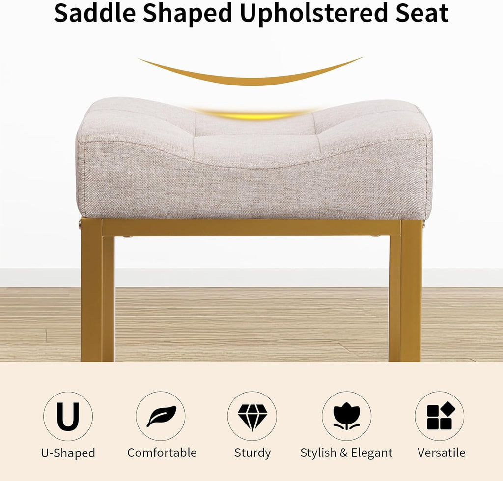 Saddle Seat Vanity Stool, Makeup Stool Chair with Metal Leg, U-Shaped Ottoman Foot Rest, Small Square Chairs Under Desk for Vanity, Living Room, Modern Makeup Bench Linen Light Brown&Gold
