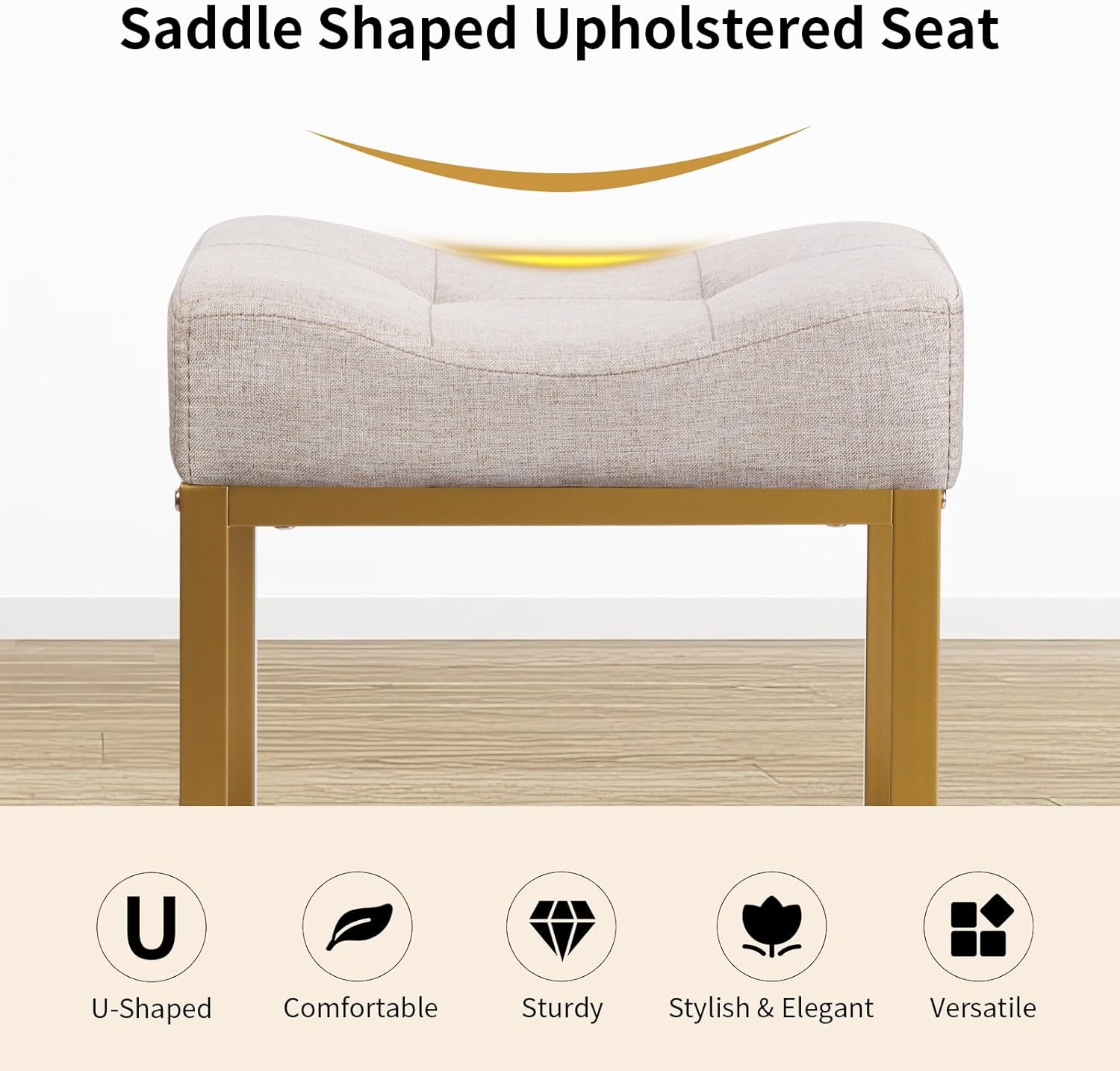 Saddle Seat Vanity Stool, Makeup Stool Chair with Metal Leg, U-Shaped Ottoman Foot Rest, Small Square Chairs Under Desk for Vanity, Living Room, Modern Makeup Bench Linen Light Brown&Gold