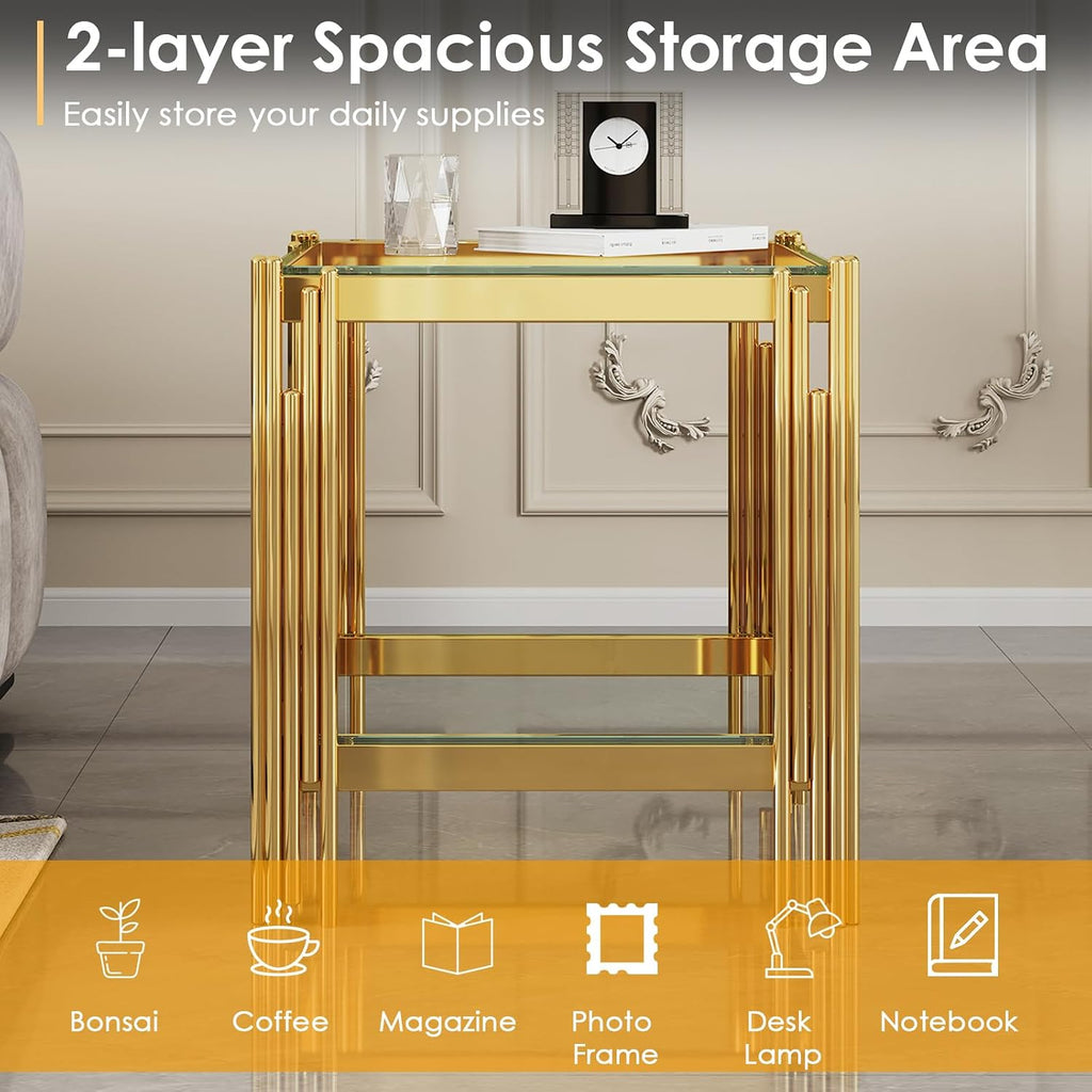 Small Side Table, Square End Table with Tempered Glass & Irregular Gold Stainless Steel Base, 2-Tier Modern Glass End Table with Storage Shelves, Luxury Accent Sofa Table for Living Room, Bedroom