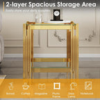 Small Side Table, Square End Table with Tempered Glass & Irregular Gold Stainless Steel Base, 2-Tier Modern Glass End Table with Storage Shelves, Luxury Accent Sofa Table for Living Room, Bedroom