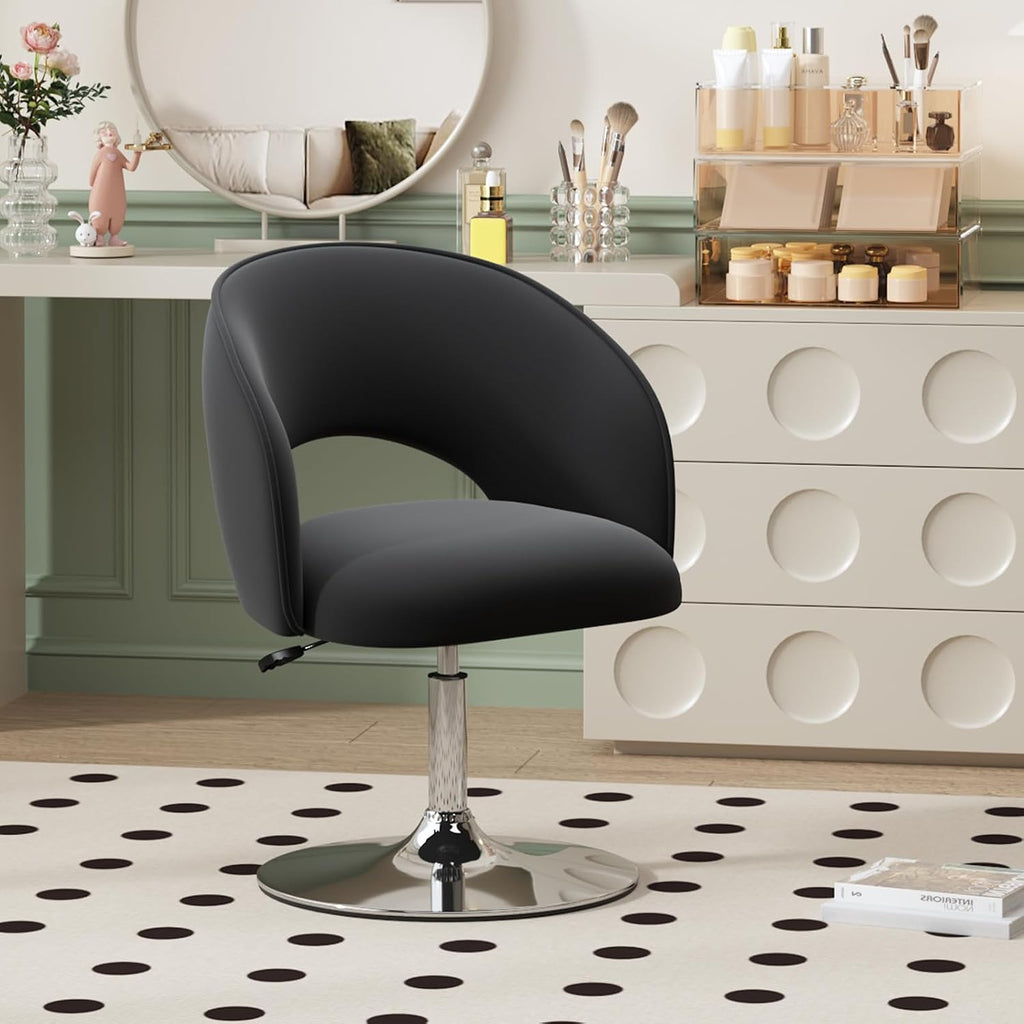 Furniliving Vanity Chair, Salon Chair Flexible Round-Back, 360° Accent Chair with Plated Frame Height Adjustable Swivel Chairs for Living Room, Bedroom, Lounge Pub Bar, Velvet, Black