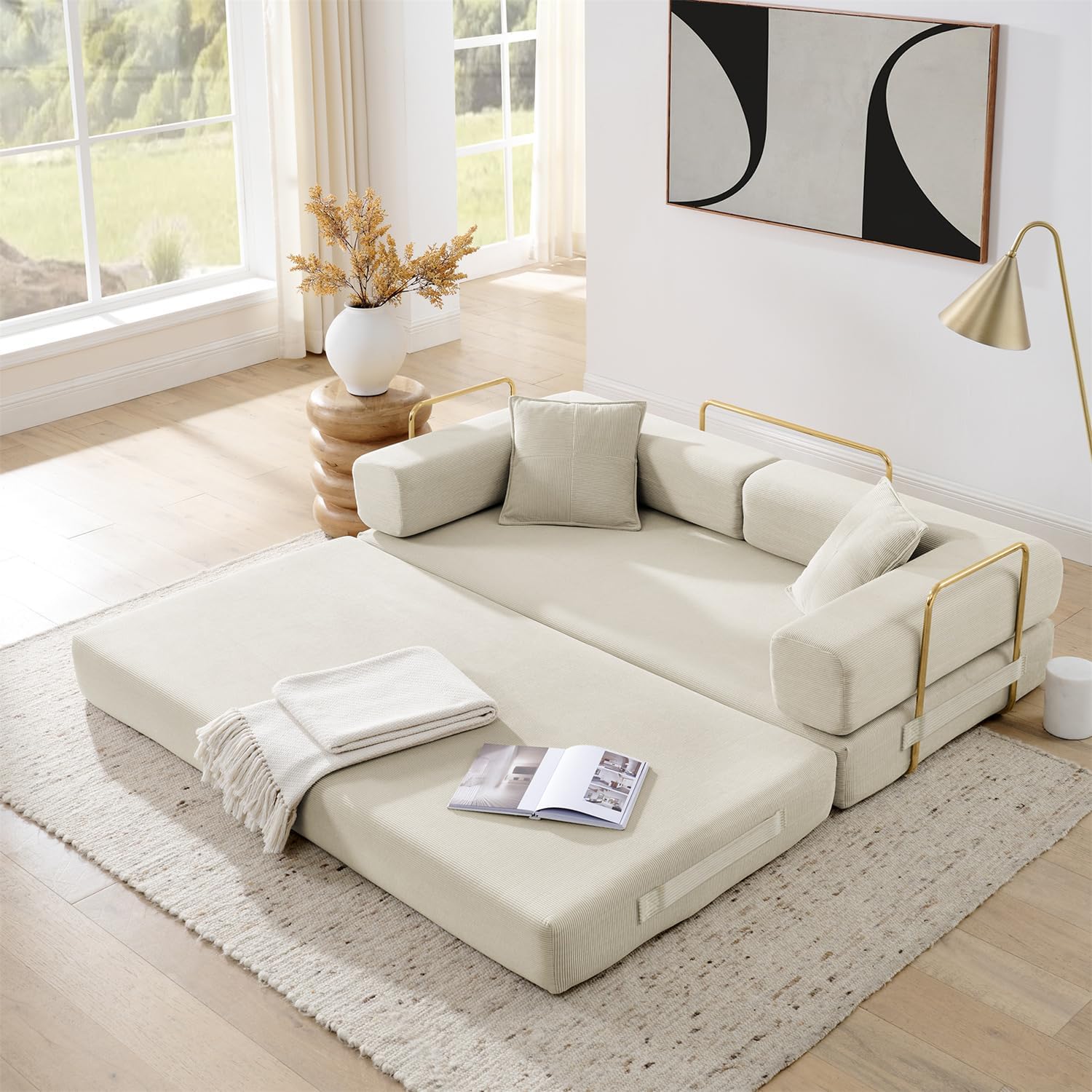 4-in-1 Folding Convertible Sofa Bed, 78 Inch Couch with Fixed-Shape Frame, Corduroy Loveseat Sleeper with Pull Out Bed, Floor Sofa Modular Futon Couch for Living Room Bedroom Lounge (Beige)