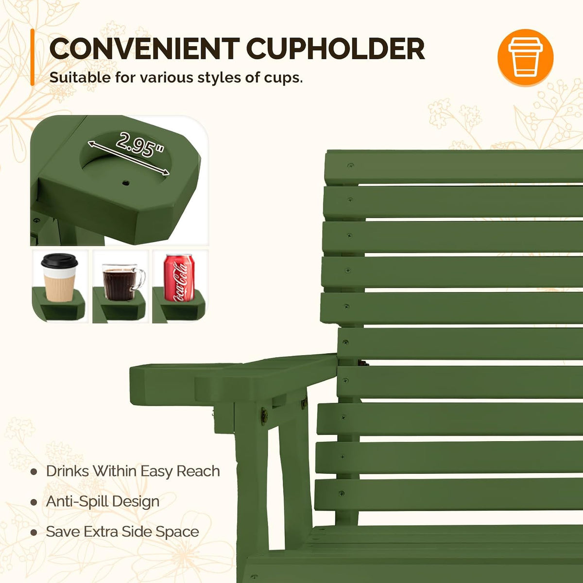 VINGLI Outdoor Glider Wood Patio Chair with Cup Holders, Outdoor Bench Glider Loveseat with Smooth Rocking Mechanism, Heavy Duty 800 LBS, Dark Green