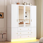 4 Doors LED Armoire Wardrobe Closet with Mirror, 75" Tall Modern Wooden Wardrobe Closet with 3 Drawers, Freestanding Clothing Storage Cabinet with Hanging Rod, Adjustable Shelves, White