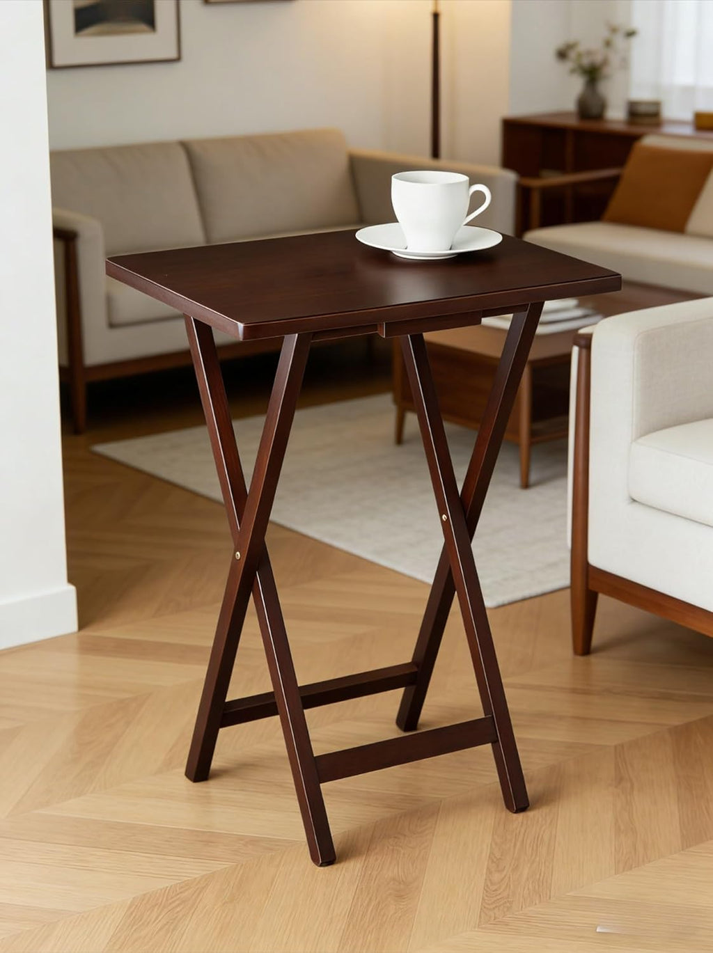Folding TV Tray Table for Indoor Use, 1-Piece Rubberwood in Walnut or Natural Finish, 19" x 14.5" x 26" Snack Bed Desk,Space-Saving 1-Piece Snack Table, Bedside or Laptop Stand(Walnut)