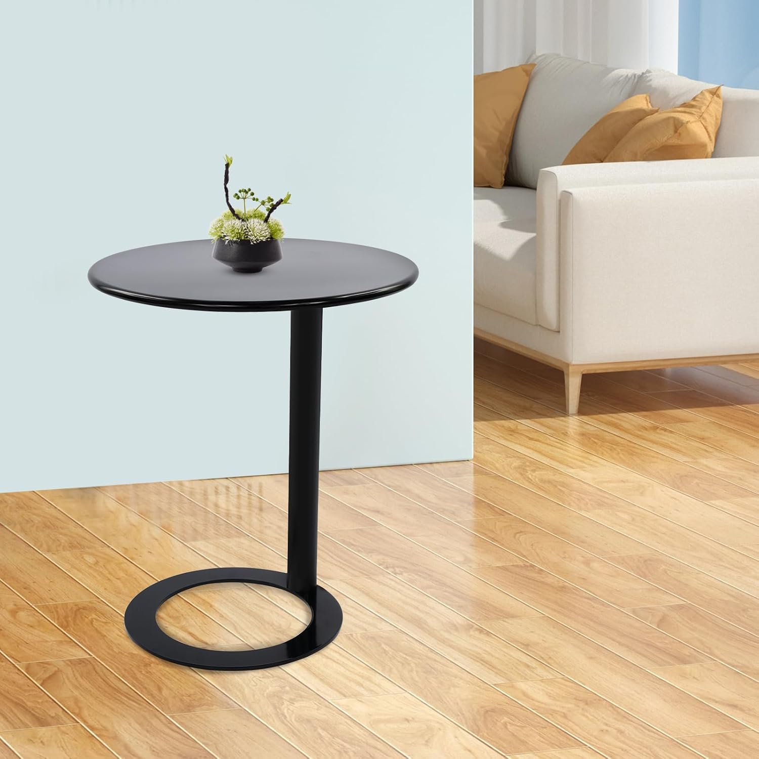 C Shaped Round Side Table, Metal End Table for Couch Sofa Bed, Small Accent Coffee Table with O Shaped Base, Modern Bedside Table for Small Space Living Room Bedroom Office (Black)