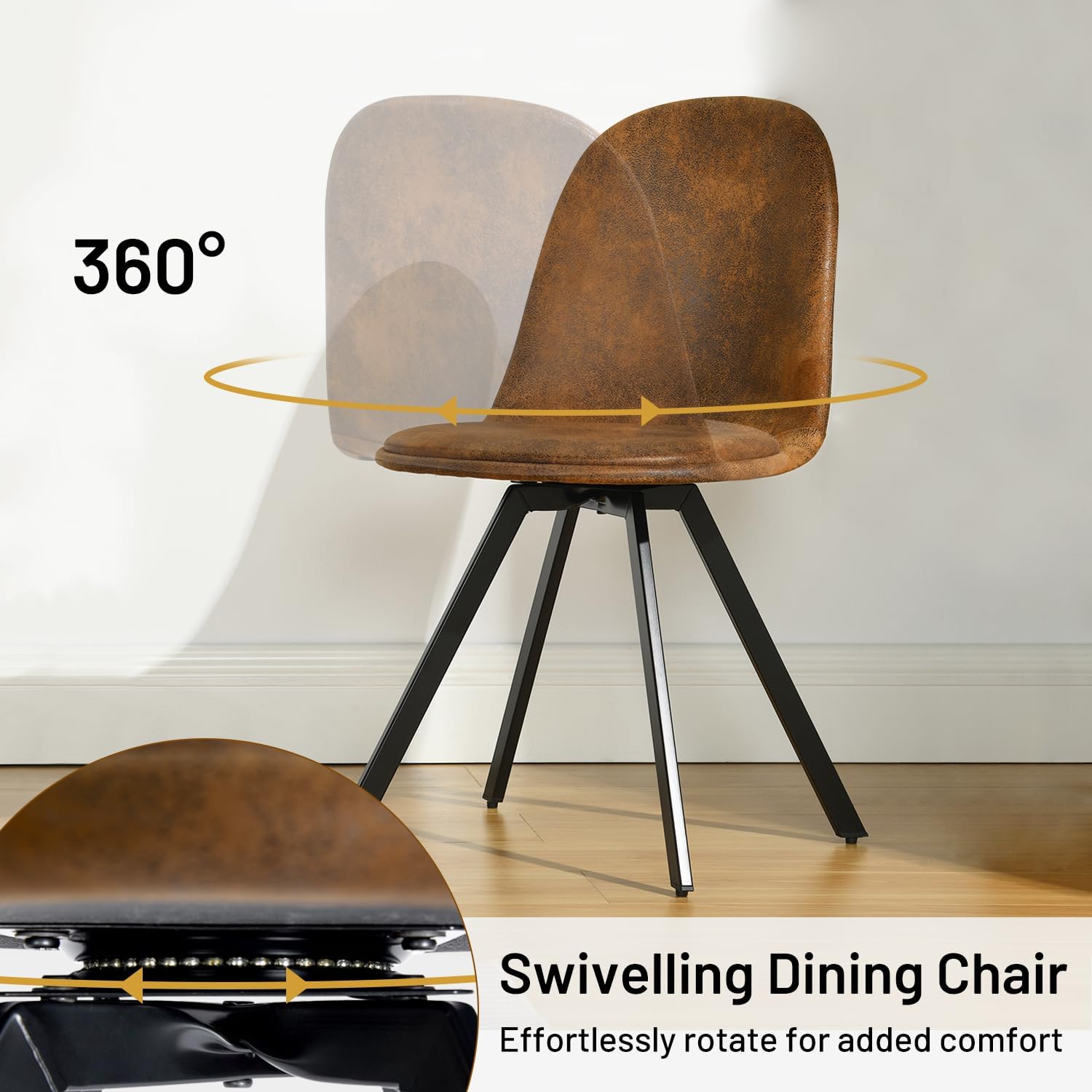 FurnitureR Set of 4 Swivel Suede Dining Chairs, Armless Mid-Back Upholstered Side Chairs with Padded Seat and Metal Legs, Comfortable Fabric Chair for Dining Room, Kitchen, Café, Restaurant – Brown