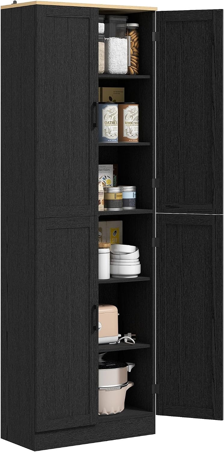 4-Door Mid-Century Freestanding Kitchen Pantry Cabinet with Full Adjustable Shelves, Distressed Black Finish and Classic Design