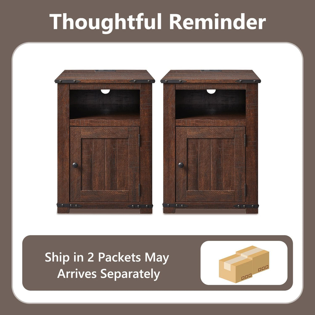 Farmhouse Night Stands Set of 2, 20" End Table w/Charging Station, Rustic Wood Bedside Table w/Groove Barn Door, Side Table with Storage w/Open & Adjustable Shelf for Bedroom, Living Room (Brown)