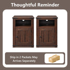 Farmhouse Night Stands Set of 2, 20" End Table w/Charging Station, Rustic Wood Bedside Table w/Groove Barn Door, Side Table with Storage w/Open & Adjustable Shelf for Bedroom, Living Room (Brown)