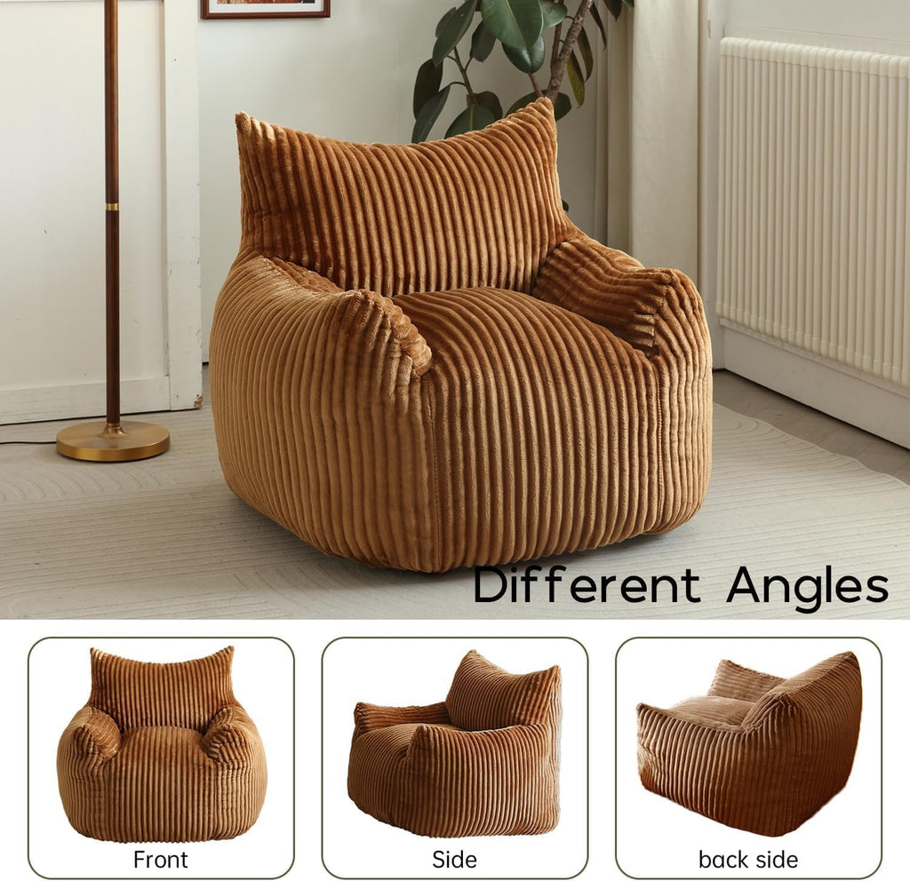 Giant Brown Bean Bag Chairs for Adults & Teens, Soft Corduroy Beanbag | 30 lbs Filler Foam| Armrests & Back Support| Vacuum-Compressed Lounge Chair| For Reading, Gaming, Bedroom, Living Room, Dorm
