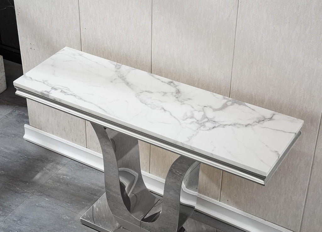 SSLine Modern White Faux Marble Console Table Luxury Entryway Table with Silver Pedestal Base 46.8" Mid-Century Elegant Sofa Table w/Mirrored Stainless Steel Frame for Living Room Hallway