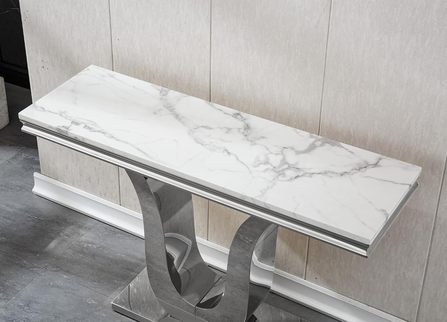 SSLine Modern White Faux Marble Console Table Luxury Entryway Table with Silver Pedestal Base 46.8" Mid-Century Elegant Sofa Table w/Mirrored Stainless Steel Frame for Living Room Hallway