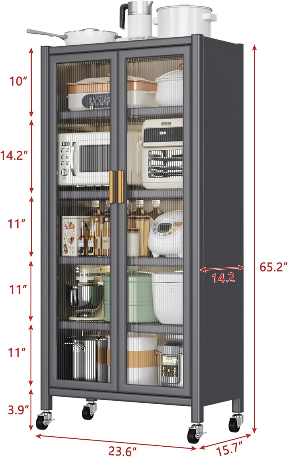 Kitchen Pantry Metal Kitchen Shelving Floor-to-Ceiling Multilevel Household Microwave Bowls Storage Cabinet on Wheels for Kitchen, Living Room, Dining Room, Grey
