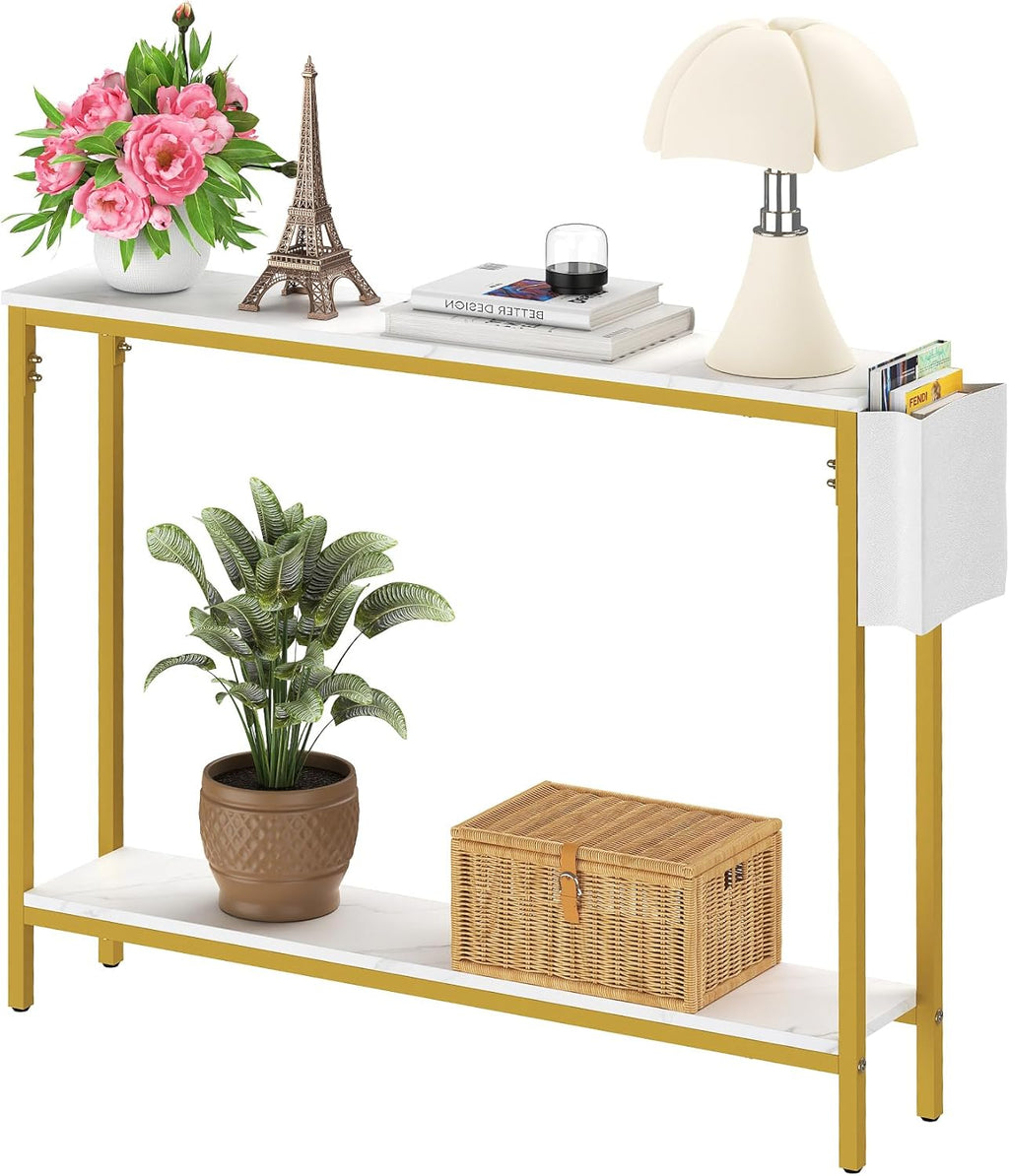 Bigbiglife 39.4" Console Entryway Table, 2-Tier Industrial Narrow Sofa Table with Storage Shelves for Hallway, Living Room, Bedroom, Foyer, Corridor, Office, Marble White and Gold