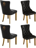 Velvet Dining Chairs Set of 4,Fabric Upholstered Side Chairs with Lion Head Ring Pull & Bronze Nailhead Trim,Luxury Side Chair with Golden Wood Legs for Kitchen (Velvet Black, Set of 4)