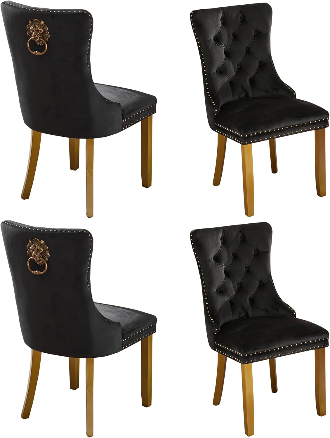 Velvet Dining Chairs Set of 4,Fabric Upholstered Side Chairs with Lion Head Ring Pull & Bronze Nailhead Trim,Luxury Side Chair with Golden Wood Legs for Kitchen (Velvet Black, Set of 4)