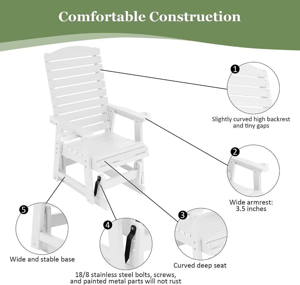 Poly Lumber Patio Glider with Cup Holders, High Backrest and Deep Contoured Seat, HIPS Material, All-Weather Resistant, Heavy Duty 700 Pounds (White, 1-Seat)