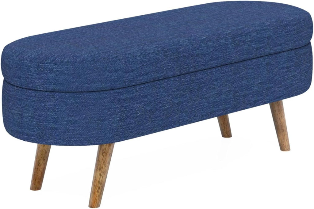 Oval Storage Ottoman Bench with Hidden Storage and Foam Padded Seat, Upholstered Entryway Footstool with Rubber Wood Legs, Decorative Bedroom End of Bed Accent Furniture for Living Room (Blue)