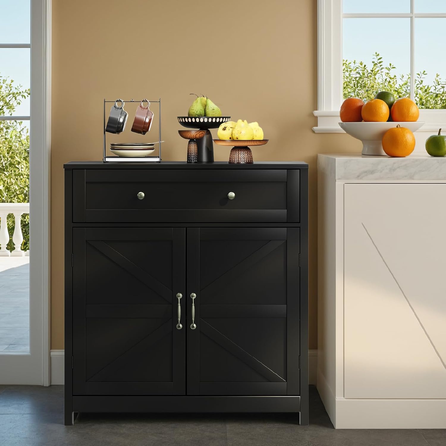Semiocthome Farmhouse Sideboard Buffet Cabinet with Storage and Adjustable Shelf, Accent Table with Barn Door, Storage Cabinet for Kitchen, Dining Room, Bathroom, Entryway - Black