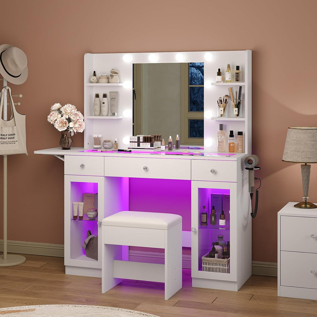 Yanosaku Makeup Vanity Desk with Mirror and Lights, RGB Lighted Vanity Desk with Power Outlet, 3 Drawers & 2 Large Tempered Cabinets, Fold-up Panel, Glass Top Vanity with Chair for Bedroom, White